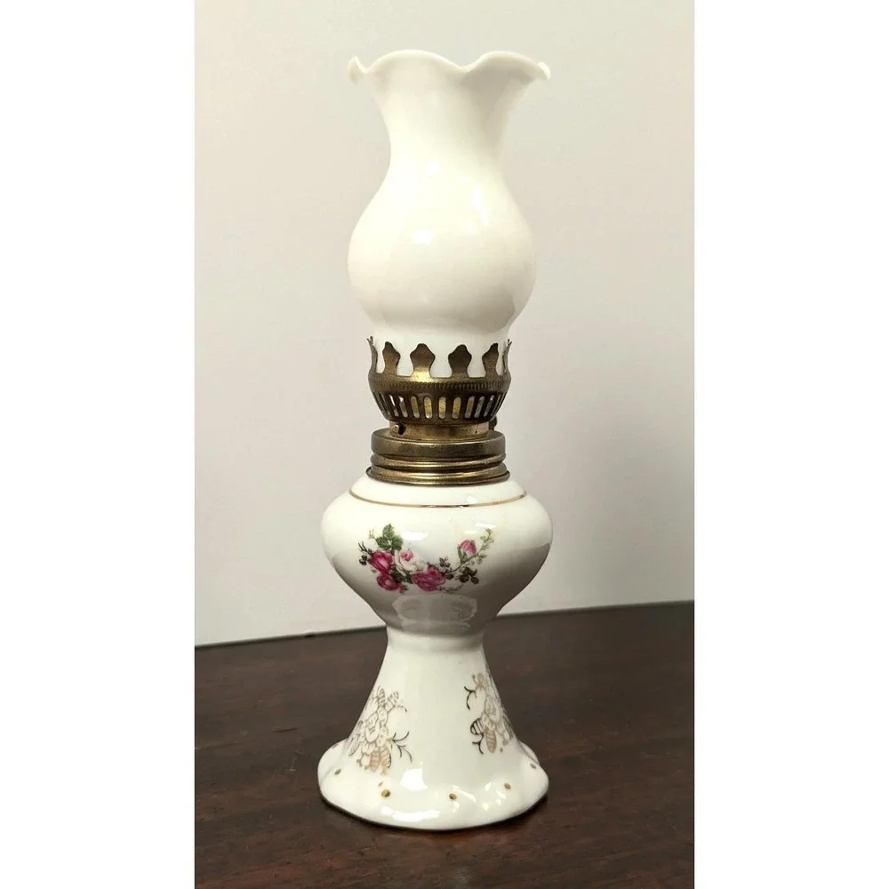 Vintage Mini Milk Glass Hurricane Oil Lamp Floral Rose Hong Kong